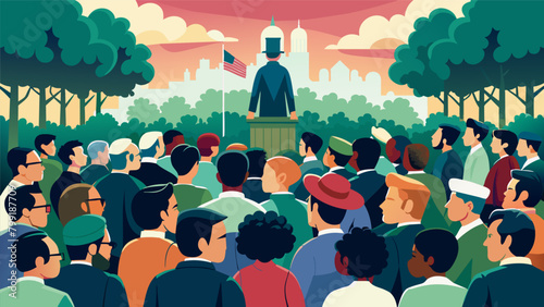 A large gathering at a local park with people of all ages and backgrounds eagerly absorbing the words of the Emancipation Proclamation.. Vector illustration