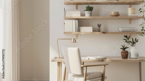 Modern minimalist home office interior with stylish wooden furniture