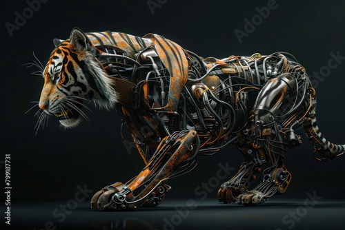 A tiger made of metal. The tiger is walking on a black background photo