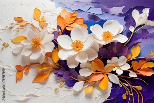 Beautiful blooms of vivid azure blue  violet purple  and yellow and orange tones are displayed  complemented by enticing white slivers that seem to float and produce a sophisticated look. The colors c