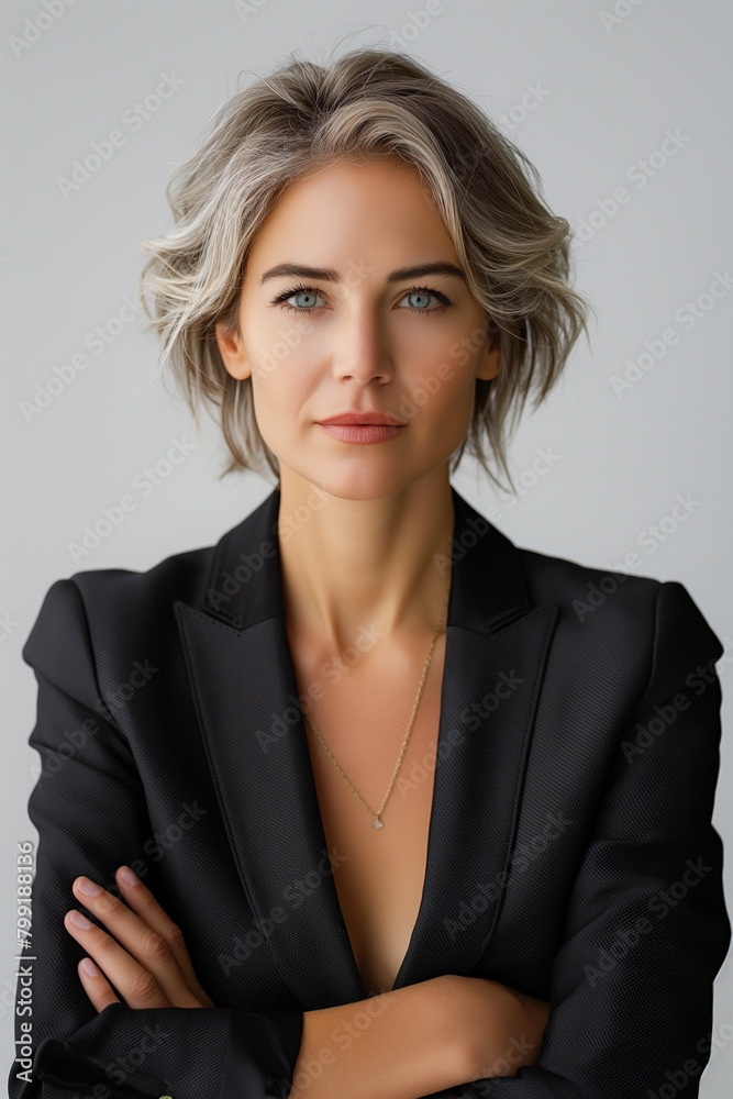 A woman with short hair and a black jacket A woman with short hair and a black jacket