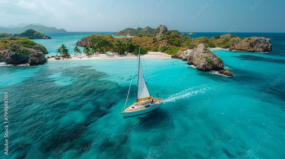Obraz premium Sarah and Alex find bliss in Caribbean paradise, their sailboat tracing a path past islands adorned with pristine beaches.