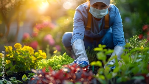 Caucasian gardener wearing overalls, gloves, and mask while caring for backyard plants. Concept Gardening, Caucasian gardener, Backyard plants, Overalls, Gloves, Mask