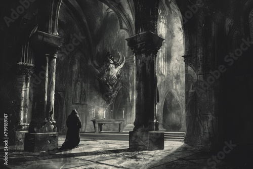 Gothic Church Interior with Demon and Praying Figure