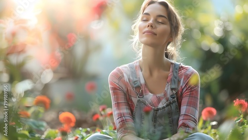 Woman feeling stressed and tired takes a break after gardening work. Concept Gardening, Relaxation, Stress Relief, Outdoor Activities, Self-Care