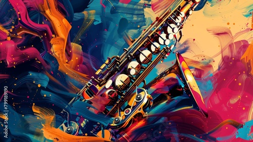 Colorful abstract painting of a saxophone. photo