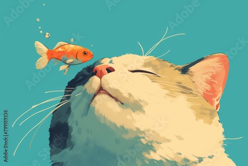 A cat's face contorted in disgust, smelling a smelly fish, illustrated in a humorous, exaggerated style