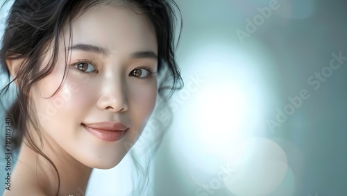 Asian model with glowing skin using Korean skincare products for oil balance. Concept Korean Skincare Products, Glowing Skin, Oil Balance, Asian Model, Beauty Photography