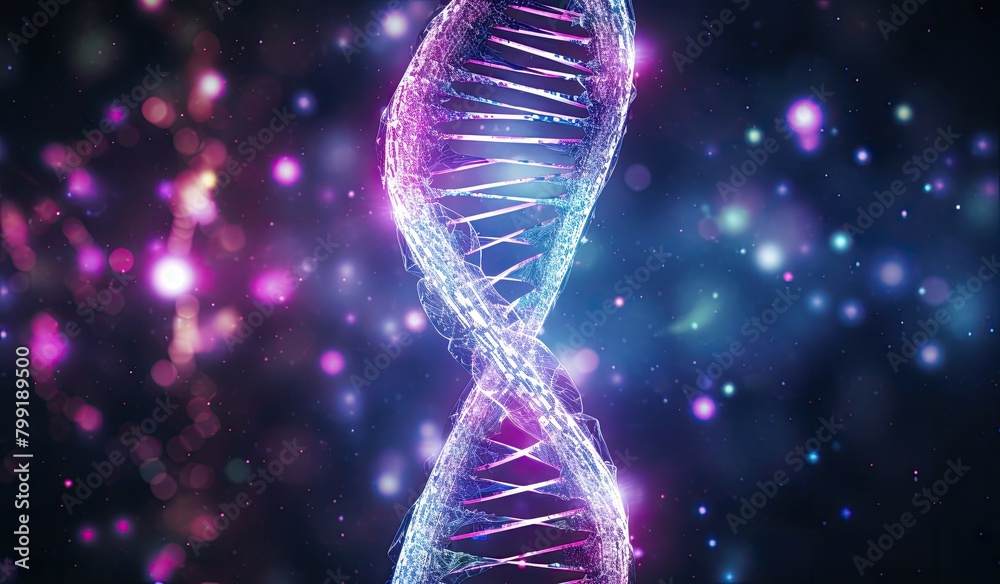 Digital illustration DNA structure in blue and purple background. 3D rendering Digital illustration DNA structure in blue and purple background. 3D rendering