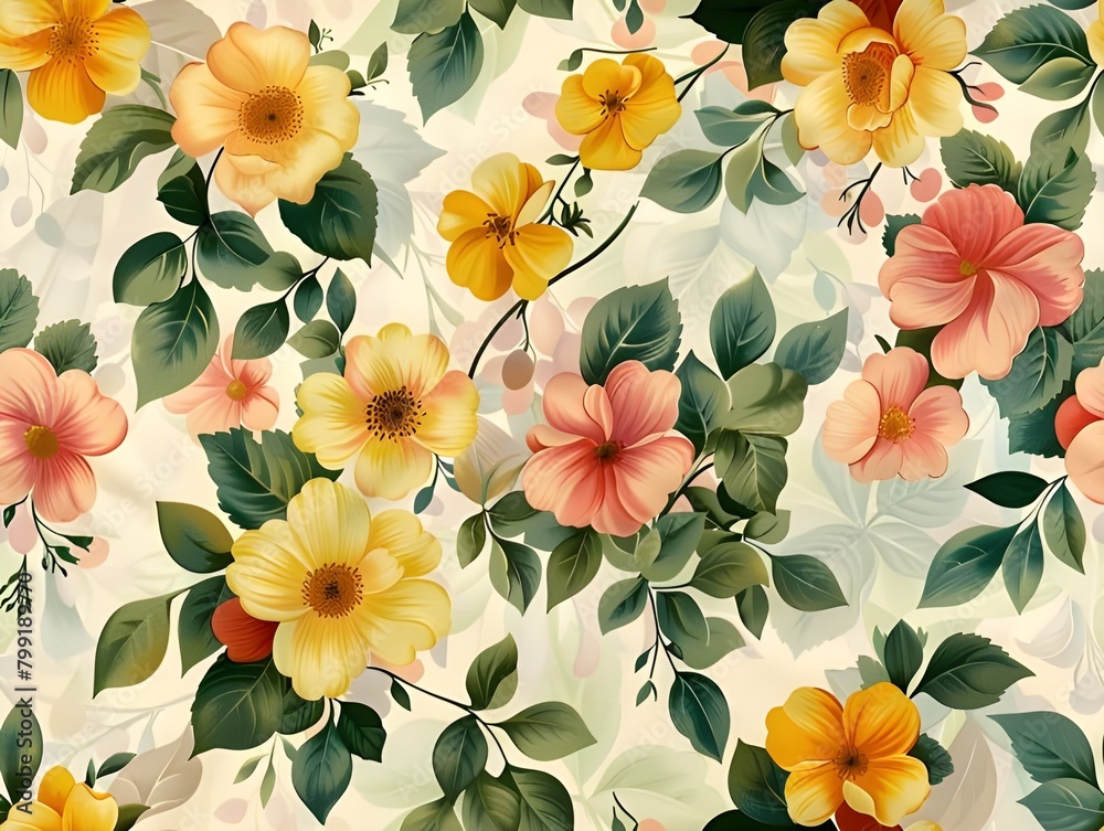Vibrant Floral Pattern seamless With Yellow and Pink Flowers on a Light Background