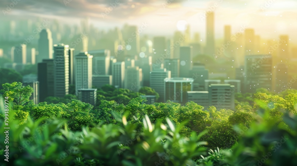 City skyline with green plants in the foreground.