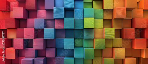 Abstract geometric rainbow colored 3d wooden texture background. 