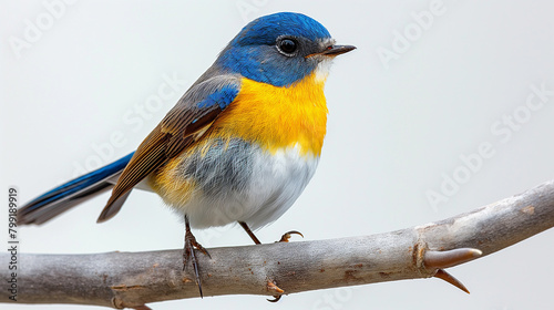 A blue and yellow bird is perched on a branch © Tatiana