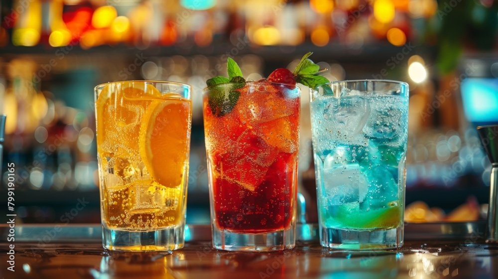 Three colorful cocktails with fruits Three colorful cocktails with fruits
