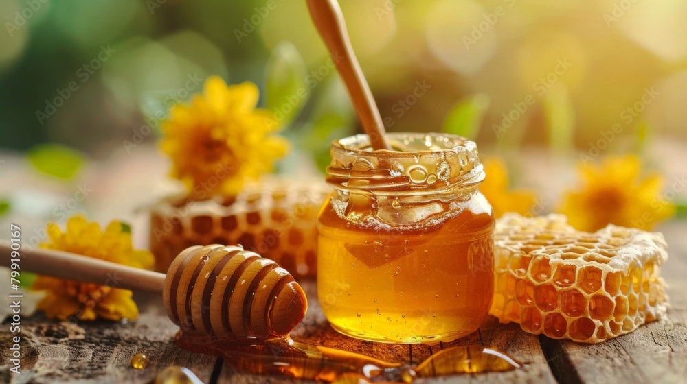 A jar of honey and a hive of bees A jar of honey and a hive of bees