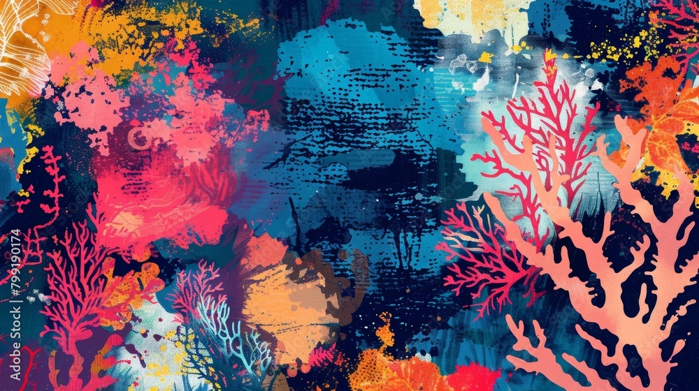 Vibrant pops of color and bold abstract markings reflect the diverse and organic textures of a lively coral reef.. Vibrant pops of color and bold abstract markings reflect the diverse and organic textures of a lively coral reef..