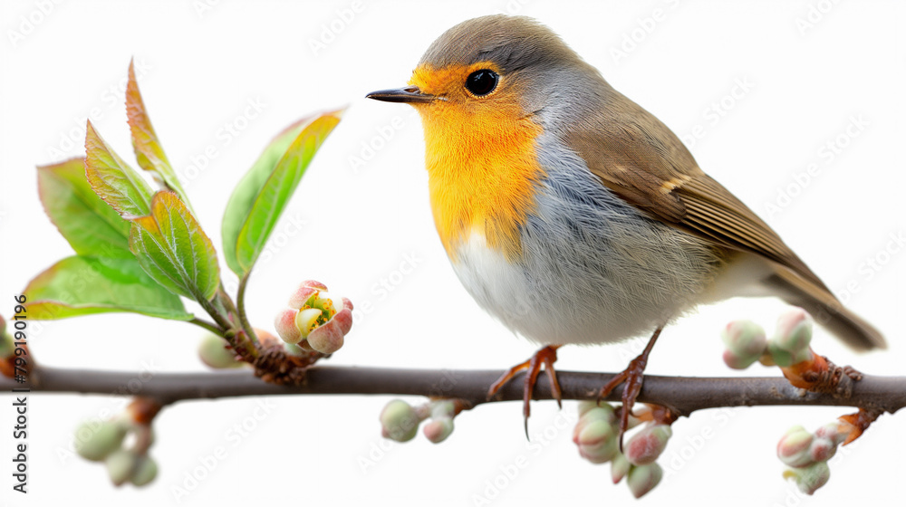A small bird is perched on a branch with berries. The bird is orange and white, and it is enjoying the view.