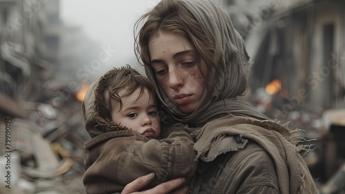 A woman hugs a child in a city destroyed by war