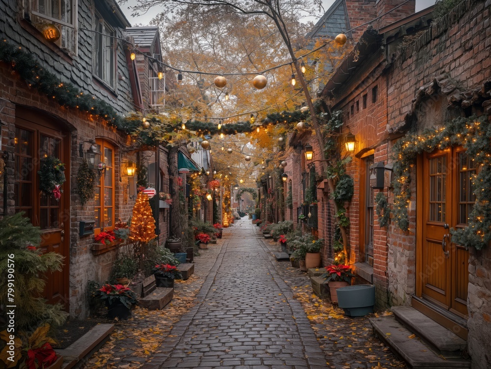 A narrow street with a Christmas tree in the middle and a few other trees along the sides. The street is lined with potted plants and decorations, giving it a festive and cozy atmosphere