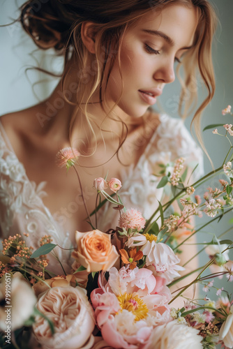 Beautiful bride with a luxury wedding bouquet of pink, cream and light orange roses and peonies