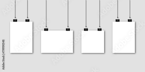 White blank posters hanging on binders. A4 and square paper page, sheet on wall. Vector mockup