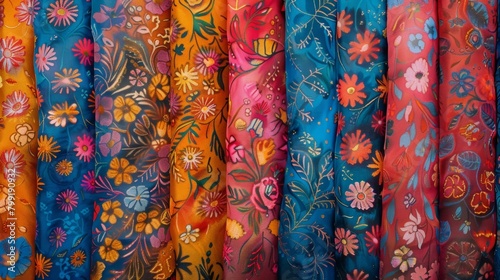 A set of luxurious silk scarves each handprinted with a unique and intricate design of spring blooms adding a touch of elegance to any spring outfit.. photo