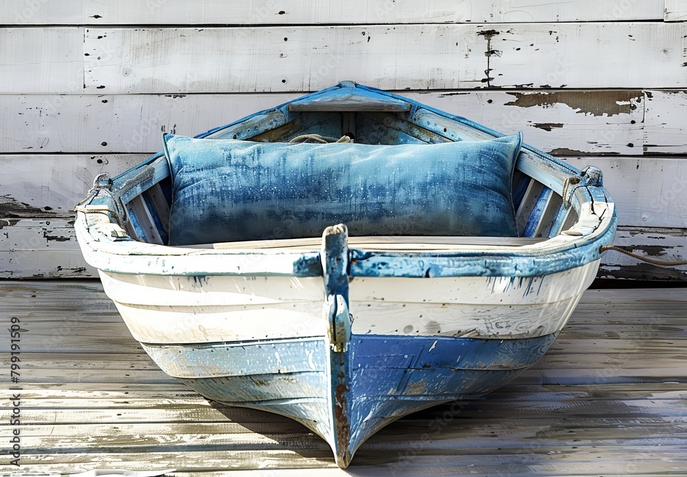 Serene Harbor Scene: Blue and White Boat Nestled in Nautical Ambiance