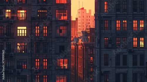 silhouette of buildings, hyperrealistic, amazing background, windows