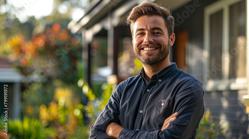 A man is smiling and posing for a picture in front of a house. He is wearing a blue shirt and has his arms crossed. Concept of happiness and contentment photo