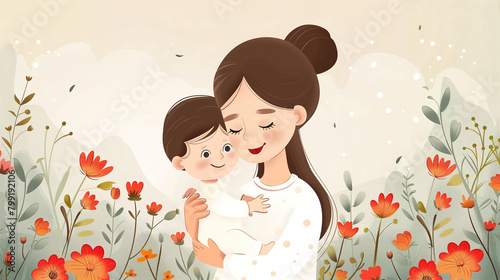 Woman Holding Baby in Field of Flowers