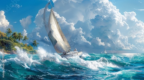 Sarah and Alex's sailboat glides on Caribbean waves, passing by islands adorned with the splendor of nature's canvas.