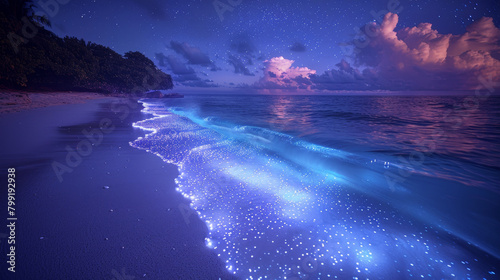 A beach at night with the ocean in the background. The water is lit up with blue lights