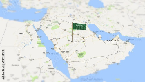 Saudi Arabia flag showing on world map with 3d rendering photo