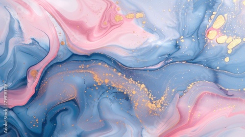 A painting of a blue and pink swirl with gold specks. The painting has a dreamy, ethereal quality to it