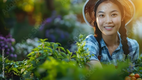 Promoting Sustainable Agriculture and Eco-Friendly Practices: Asian Woman Gardening in the Park. Concept Sustainable Agriculture, Eco-Friendly Practices, Asian Woman Gardening, Park photo