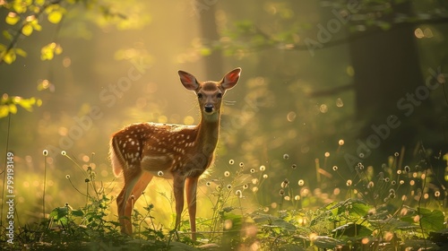 A cute deer standing in a lush green forest with sunlight streaming through the trees.