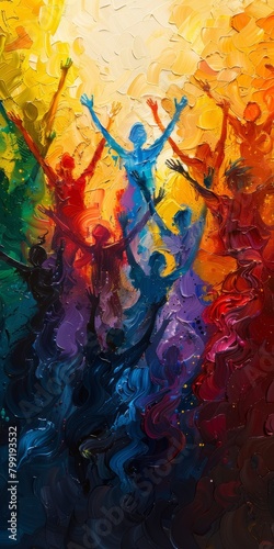 Smiling faces leap against bright colors  symbolizing diverse unity and joyful celebration in dynamic  colorful images.