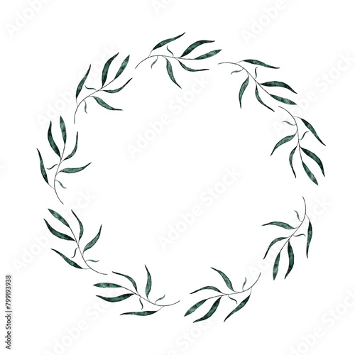 Watercolor wreath of dark green leaves. Hand drawn  isolated on a white background. For packaging  websites  tarot cards  brochures  posters  flyers