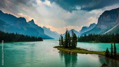 Majestic Beauty: Spirit Island on Maligne Lake, Jasper National Park, AB, Canada - Captured in Breathtaking 4K Video photo