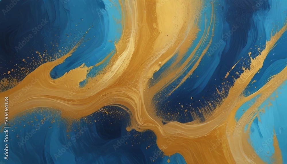 Fototapeta premium Blue and Gold Water-Based Oil Paint Brush Art Background
