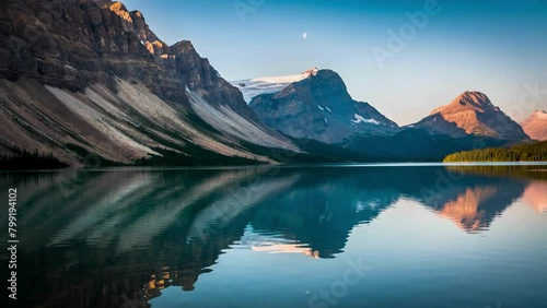 Golden Tranquility: Sunset at Bow Lake in the Canadian Rockies, Banff National Park, Alberta, Canada - Captured in Serene 4K Video photo