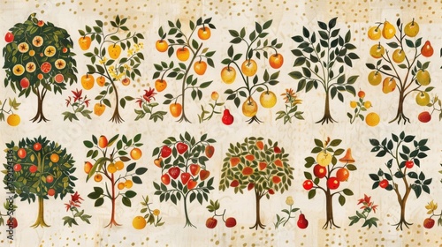 A set of vintageinspired tea towels adorned with illustrations of a variety of fruit trees aligned in rows celebrating the beauty of nature in the kitchen.. photo