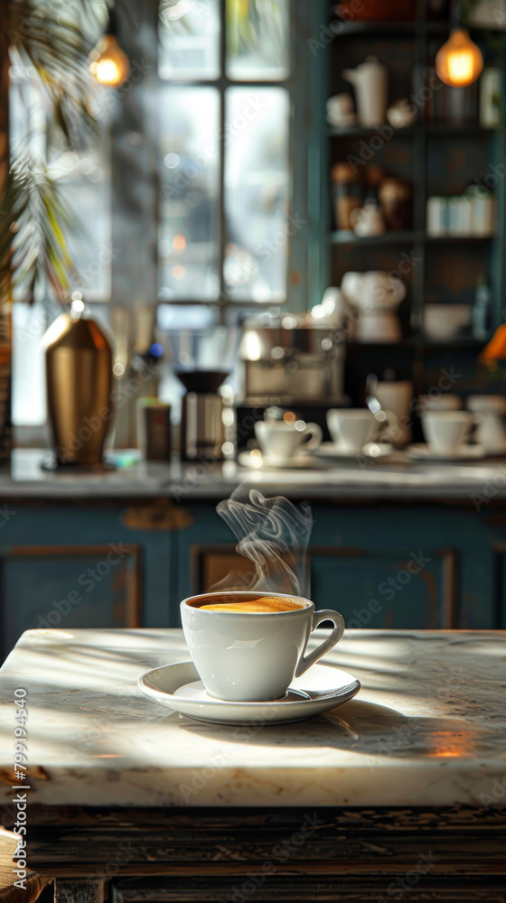A white coffee cup with steam rising from it sits on a marble countertop. The scene is set in a cozy kitchen with a window that lets in natural light. The atmosphere is warm and inviting A white coffee cup with steam rising from it sits on a marble countertop. The scene is set in a cozy kitchen with a window that lets in natural light. The atmosphere is warm and inviting