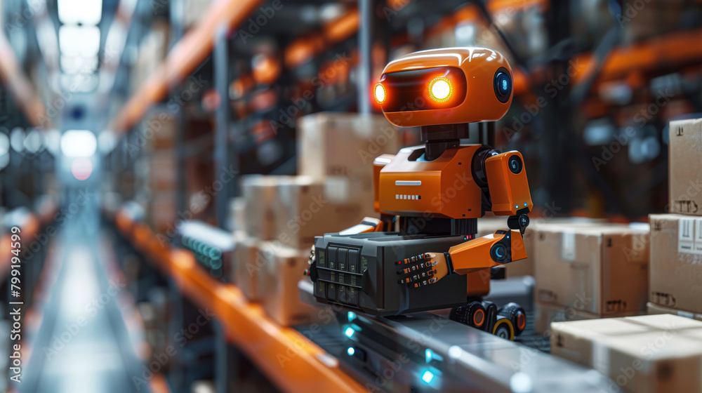 A robot is walking down a conveyor belt in a warehouse. The robot is orange and has a suitcase on its back. The robot is carrying a box and he is working in a factory