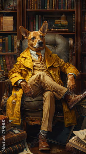 A dog is sitting in a chair and wearing a yellow coat. The dog is looking at the camera