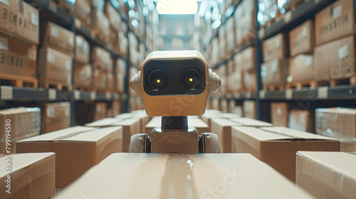 A robot is walking through a warehouse full of boxes. The robot is the only one in the scene, and it is exploring the area. The warehouse is filled with boxes of various sizes and shapes photo
