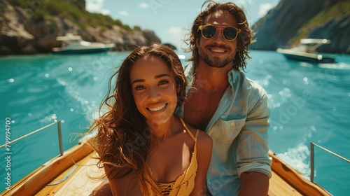 The Caribbean sun illuminates Sarah and Alex's joyful faces as they navigate azure waters, blissfully exploring remote islands. -