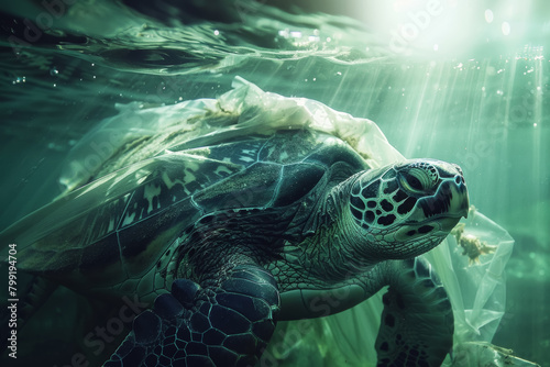 Turtle Entangled in Plastic Underwater Sunlight Rays