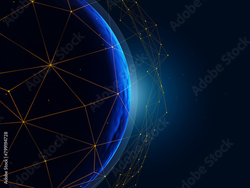 An abstract virtual mesh surrounds a spherical object like a planet in dark space. 3D Rendering
