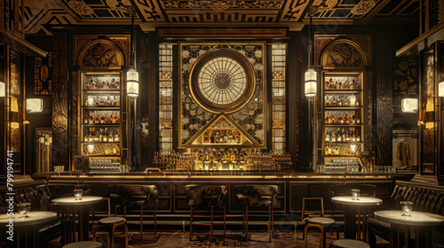 A bar with a large clock on the wall. The bar is full of liquor and has a lot of seating © Kowit